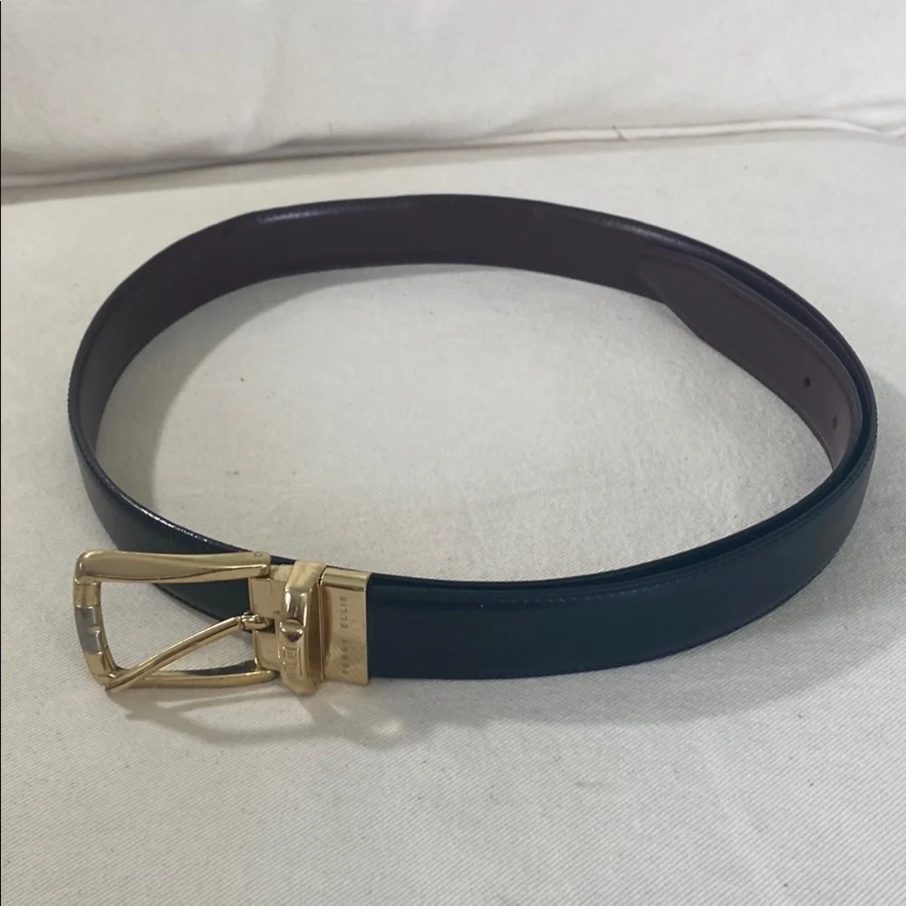 2-in-1 Perry Ellis Black/Brown Leather Belt with Reversible Gold Buckle